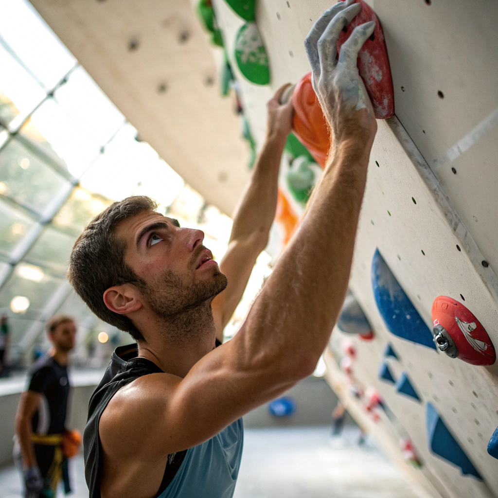 Dettaglio mani di climber su prese colorate durante arrampicata sportiva indoor a Bologna