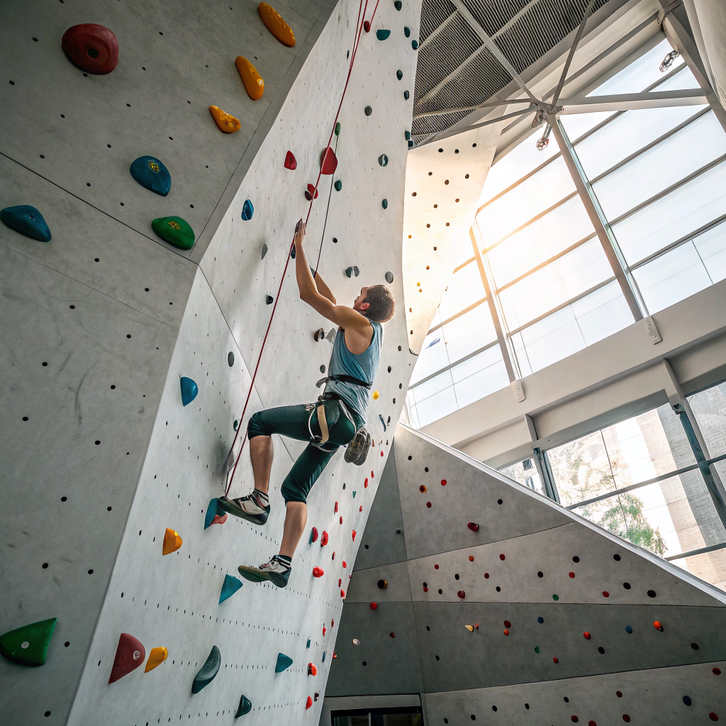 Arrampicatore su parete indoor durante corso di arrampicata a Brescia
