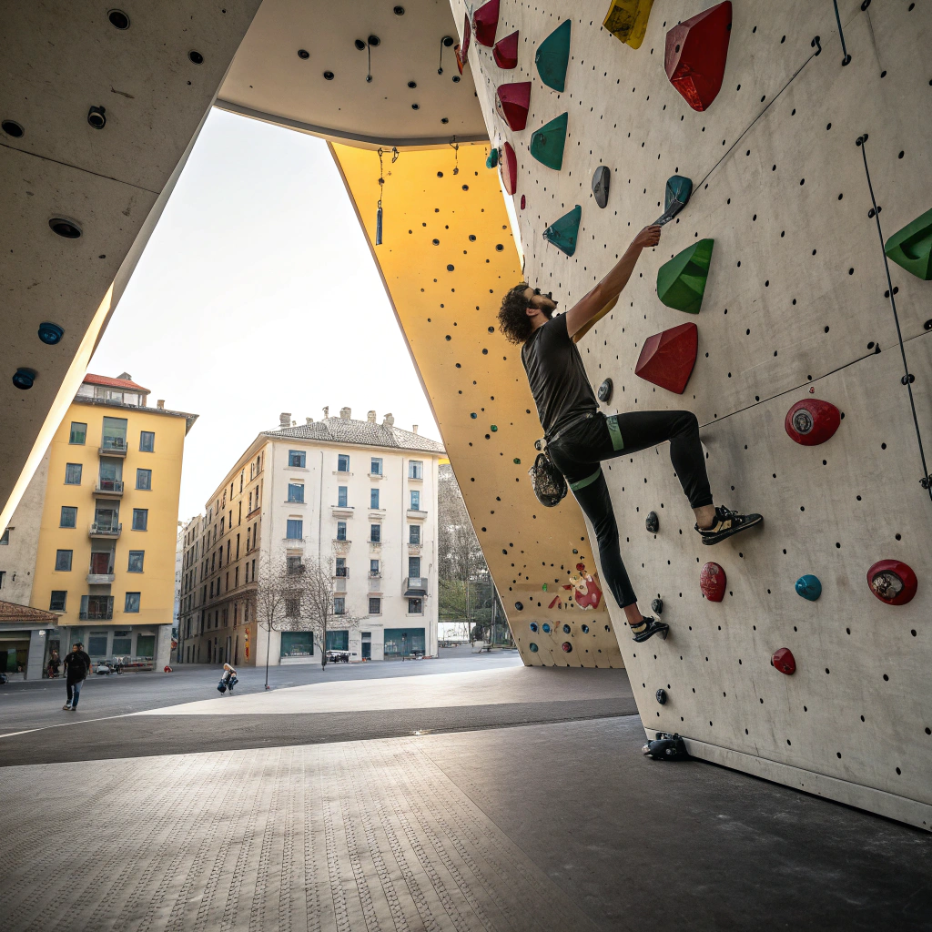 Scalatore su parete di arrampicata indoor a Genova durante corso base