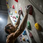 Dettaglio mani di arrampicatore su prese colorate durante corso di arrampicata indoor a Milano