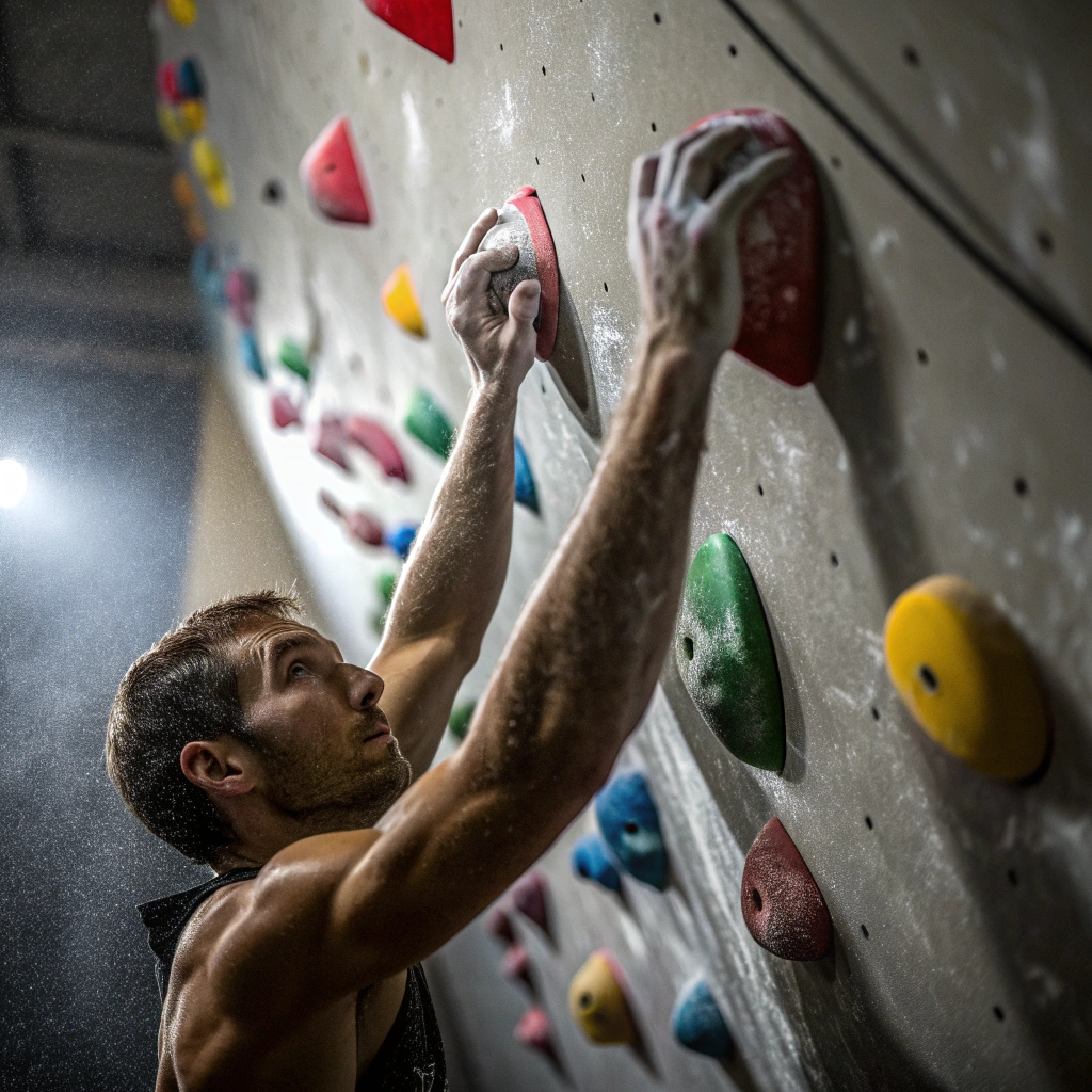 Dettaglio mani di arrampicatore su prese colorate durante corso di arrampicata indoor a Milano
