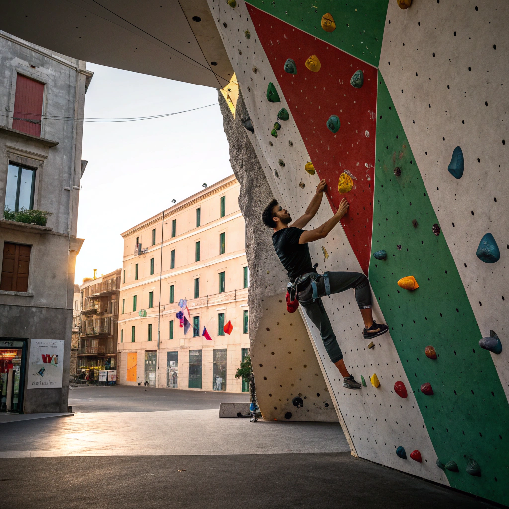 Arrampicatore su parete indoor durante corso di arrampicata a Padova