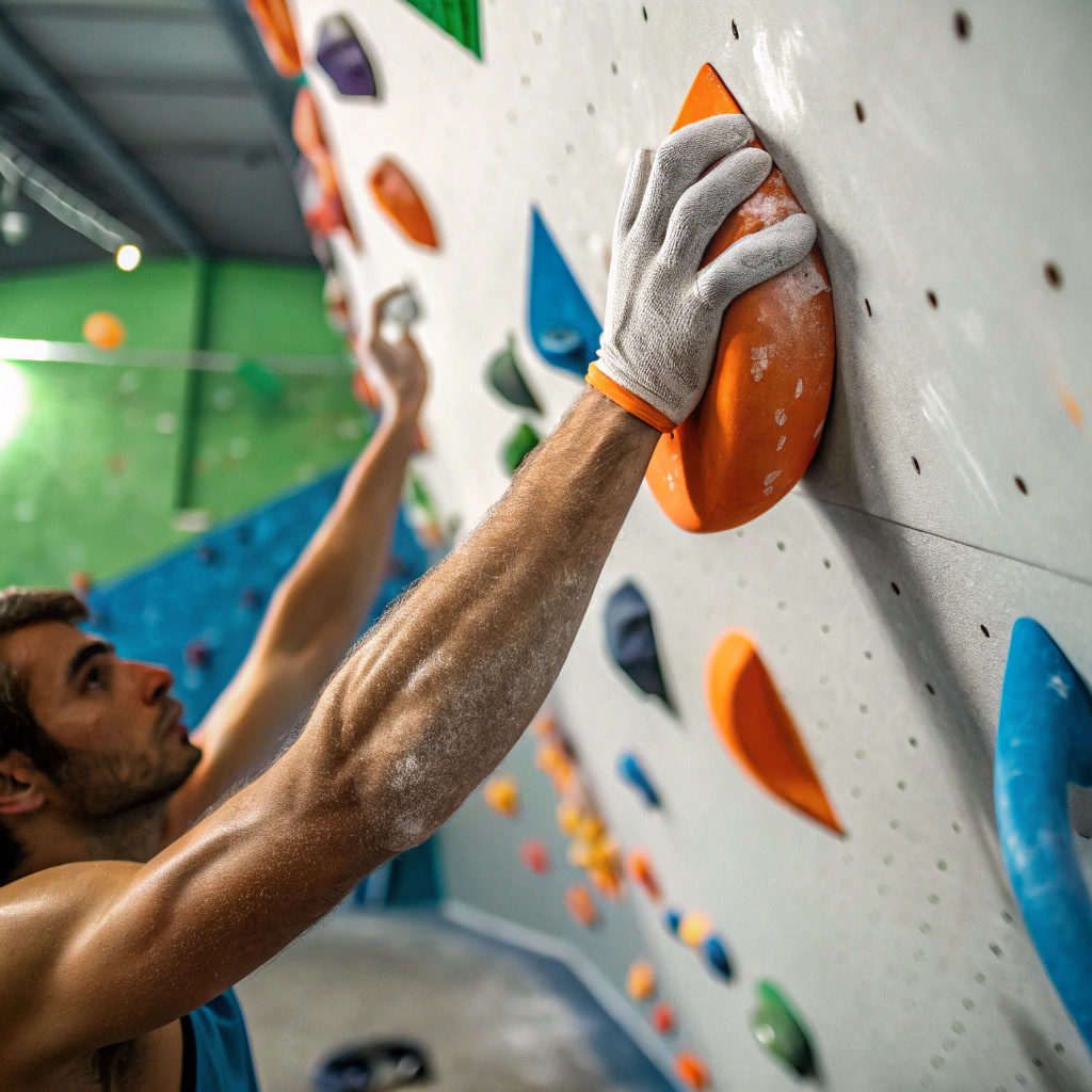 Dettaglio di mani che afferrano prese colorate durante un corso di arrampicata indoor a Roma