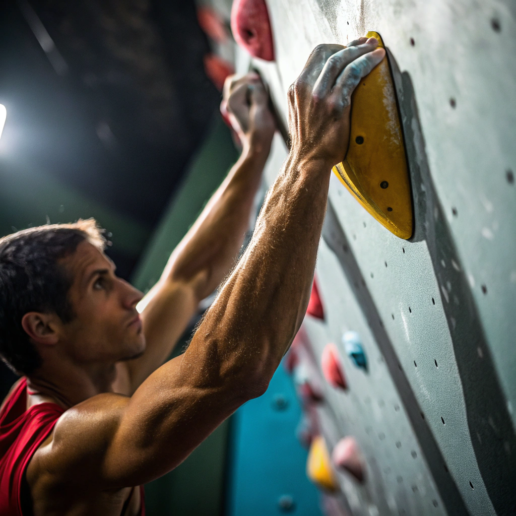 Dettaglio mano di arrampicatore che afferra presa su parete indoor a Torino