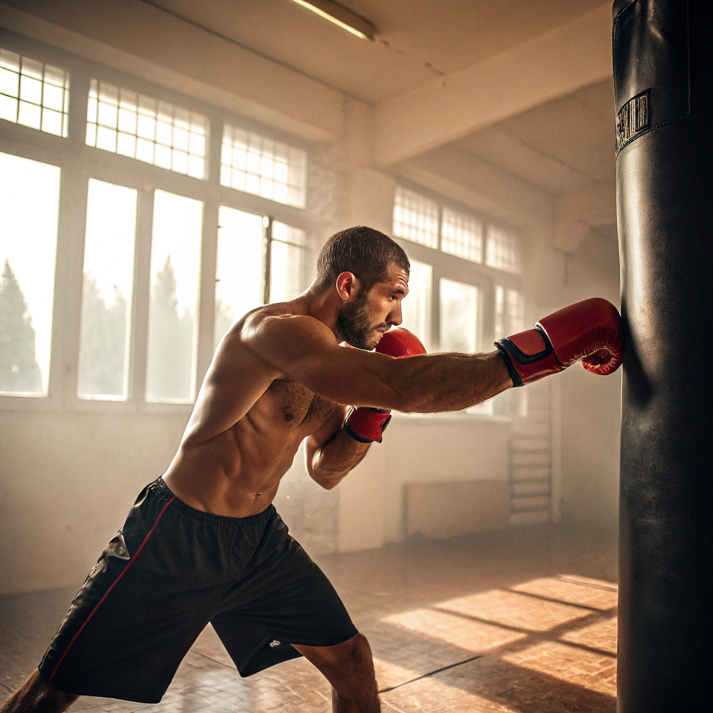 Atleta durante allenamento di boxe a Bologna con guantoni rossi