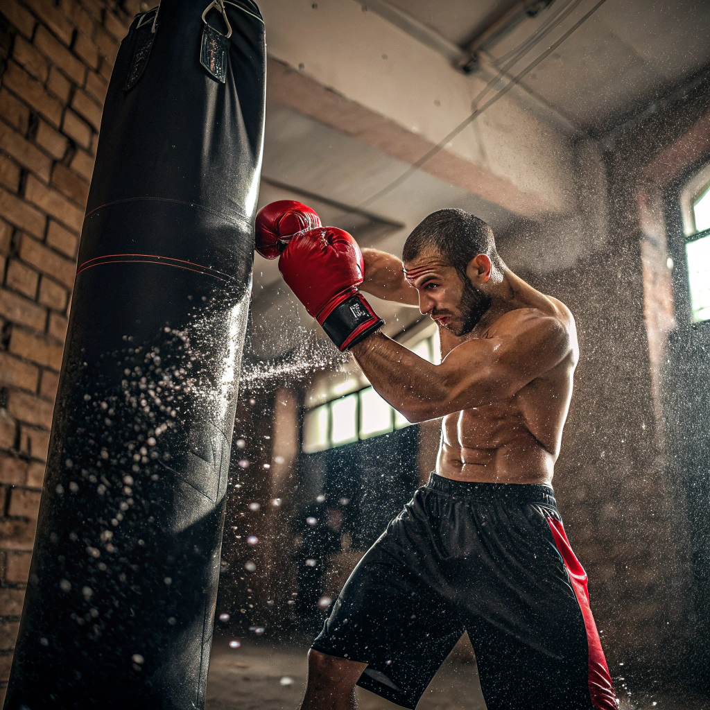 Pugile durante allenamento intenso al sacco in palestra di boxe a Torino