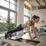 Donna che pratica Pilates su reformer in uno studio a Bologna