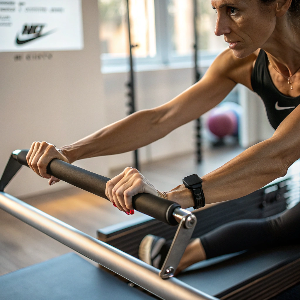 Dettaglio mani su Reformer Pilates durante esercizio di controllo a Brescia