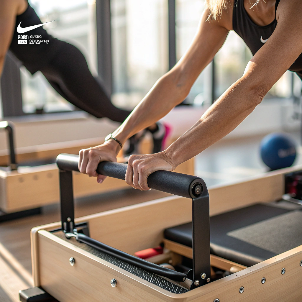 Close-up di praticante Pilates durante esercizio al Reformer a Firenze