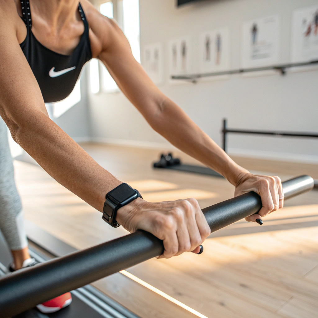 Dettaglio di mani che afferrano la barra del Reformer durante una lezione di Pilates