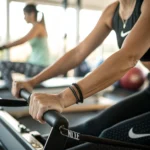 Dettaglio mani su reformer Pilates durante esercizio in studio a Milano