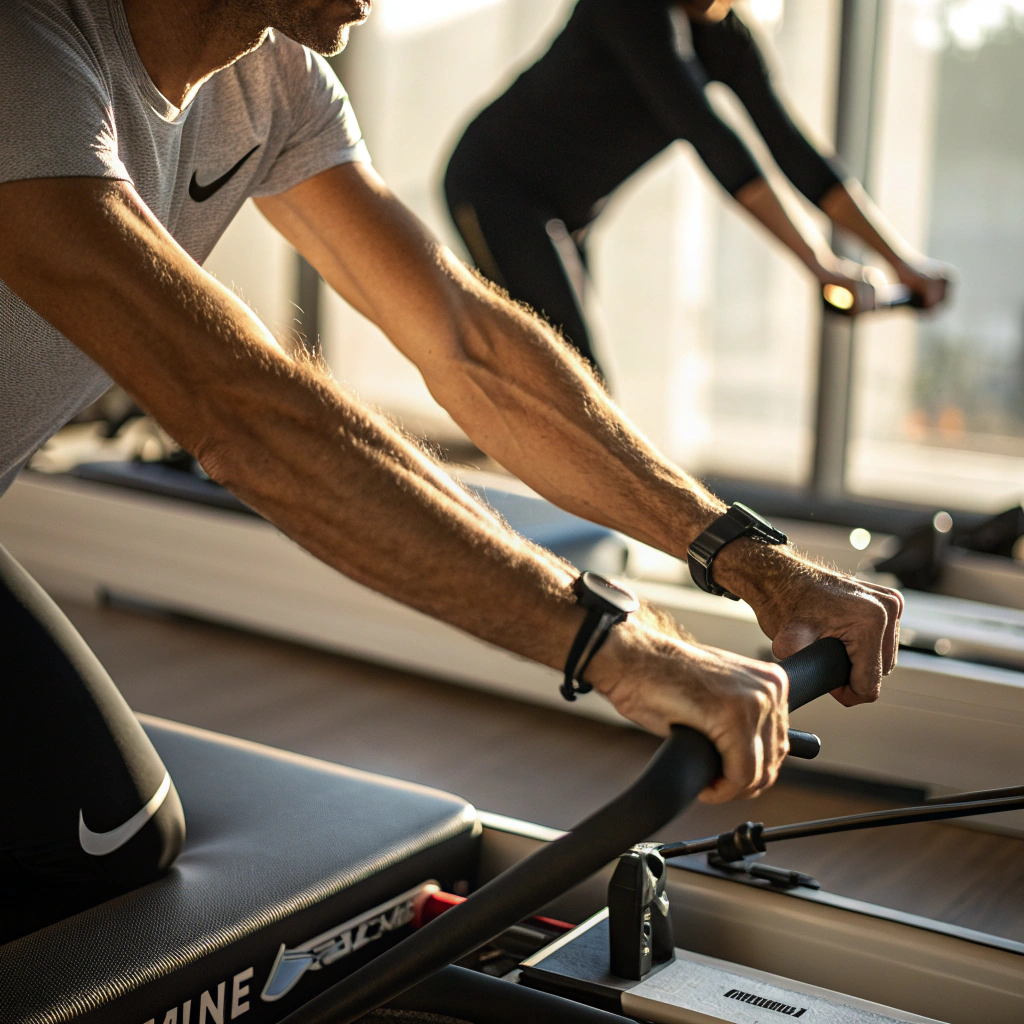 Dettaglio mani su reformer durante esercizio Pilates - corso Pilates Padova