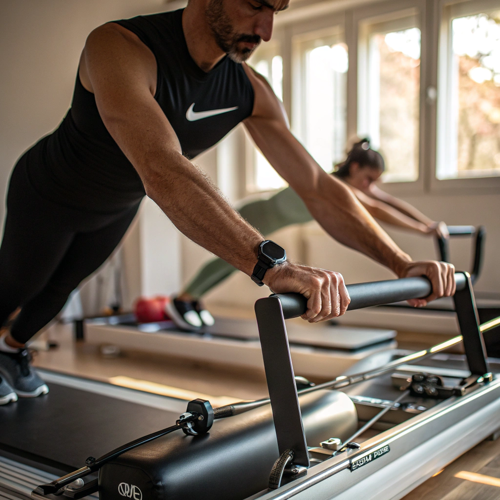 Dettaglio di esercizio Pilates su Reformer in studio a Reggio Emilia