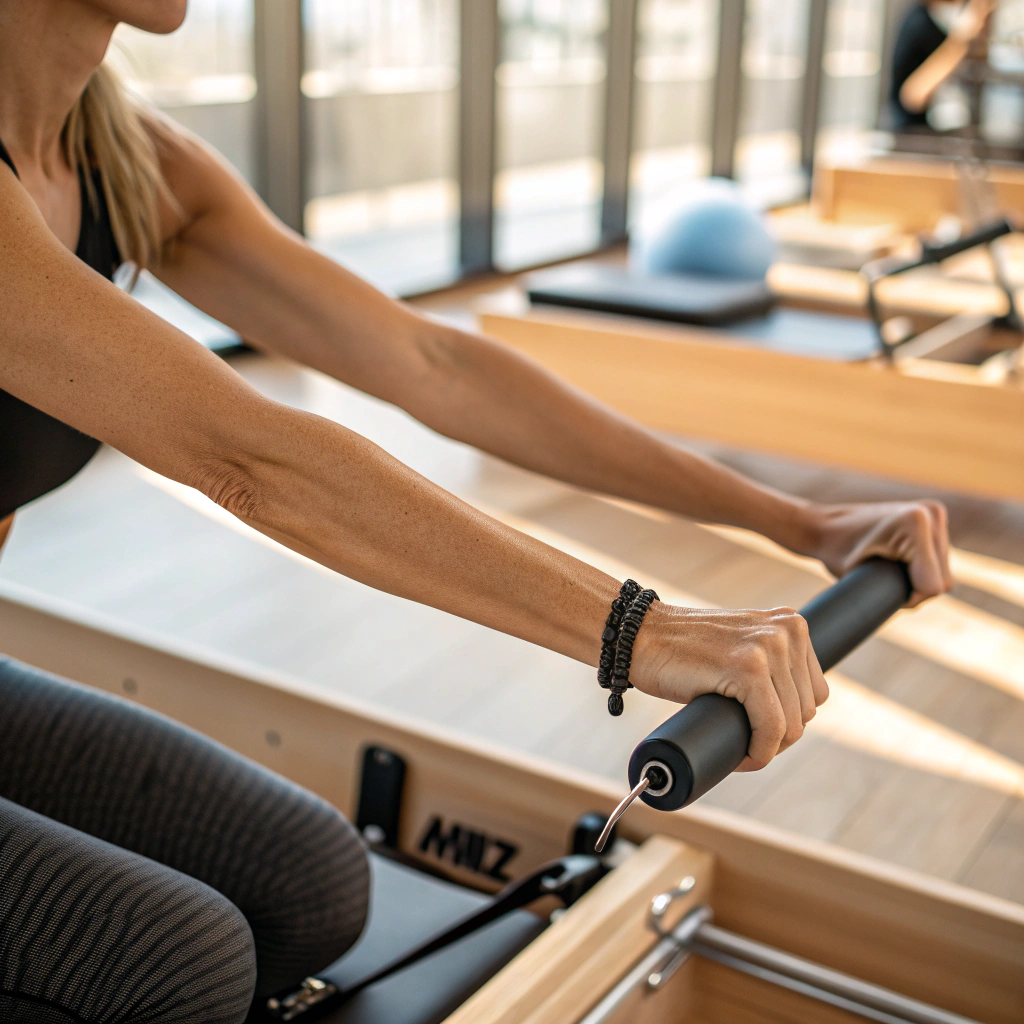 Dettaglio mani su maniglie Reformer Pilates durante esercizio di tonificazione