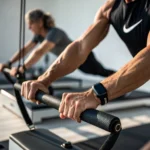 Dettaglio mani su Reformer Pilates durante esercizio di tonificazione a Torino