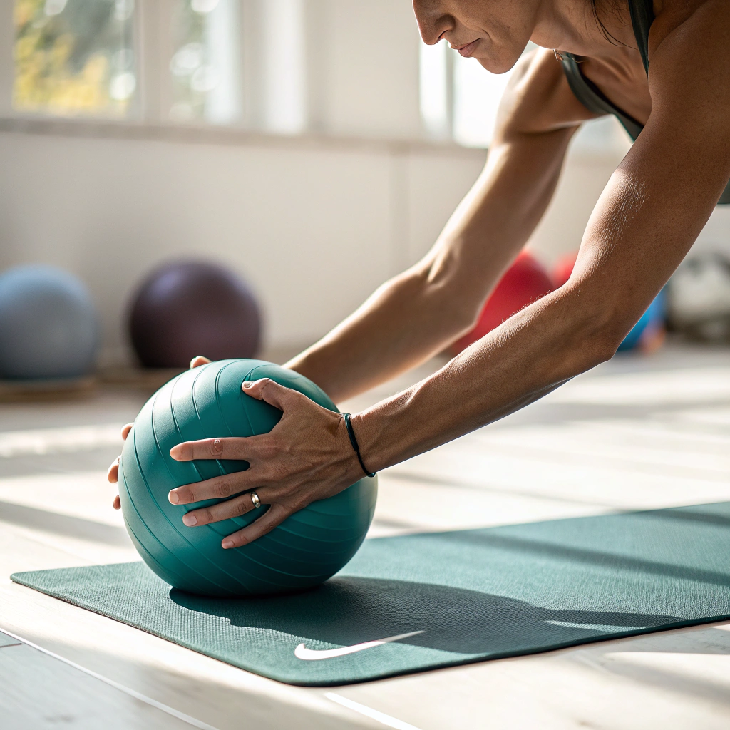Dettaglio di esercizio Pilates con palla in uno studio a Trieste