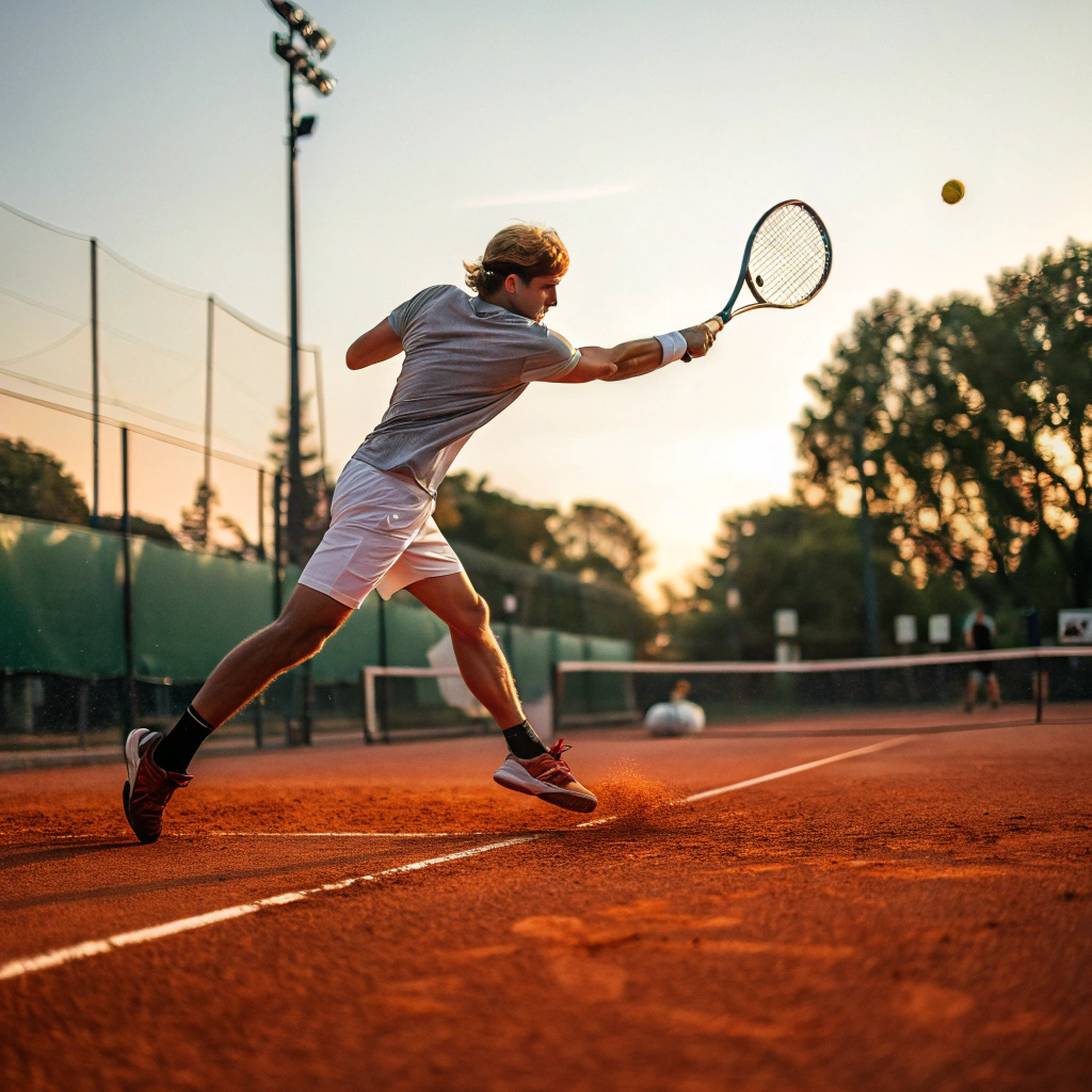 Giocatore di tennis in azione durante un dritto su campo in terra rossa a Bari