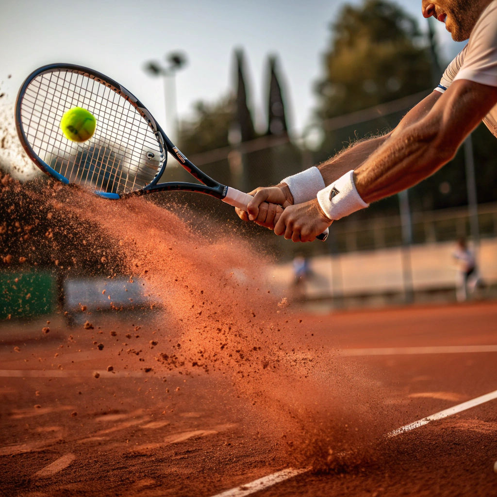 Dettaglio ravvicinato di un colpo di rovescio nel tennis su campo in terra rossa a Bologna