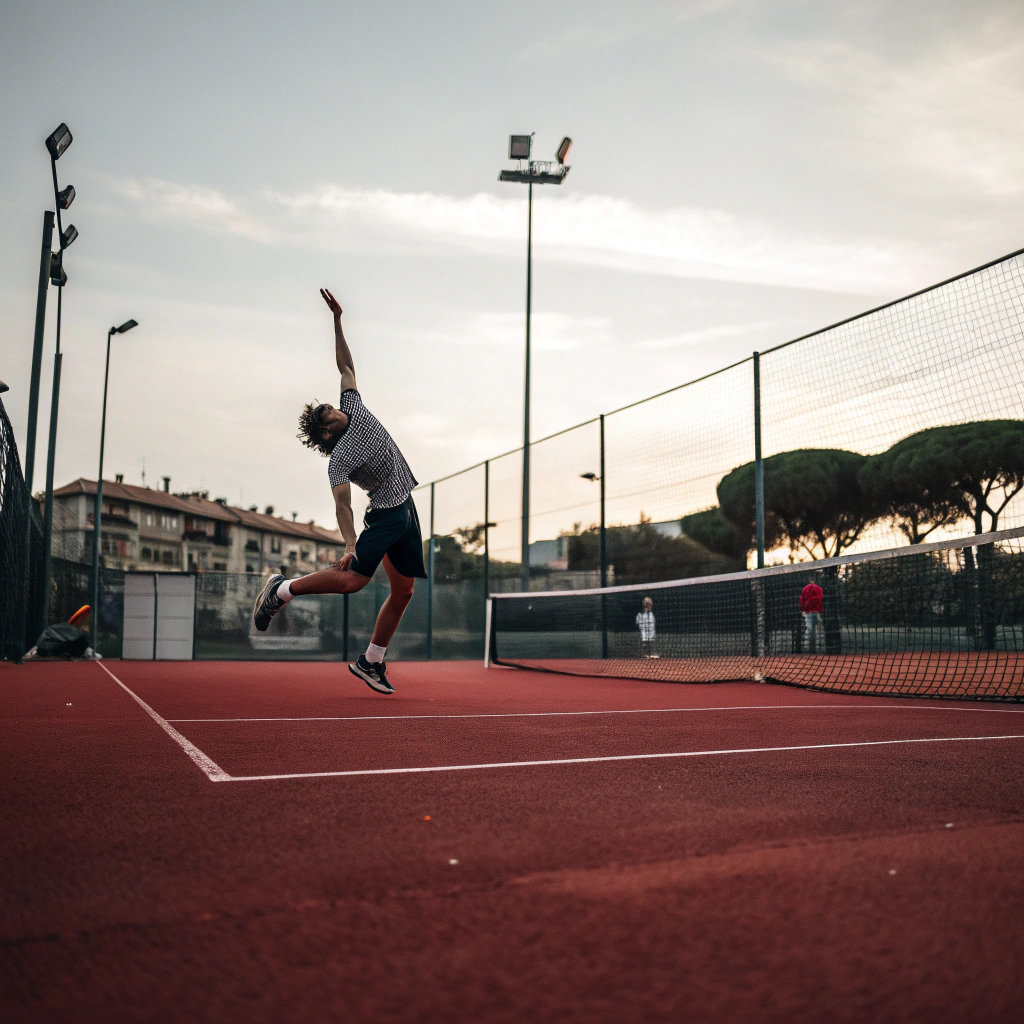 Giocatore di tennis in azione durante un dritto su campo in terra rossa a Brescia