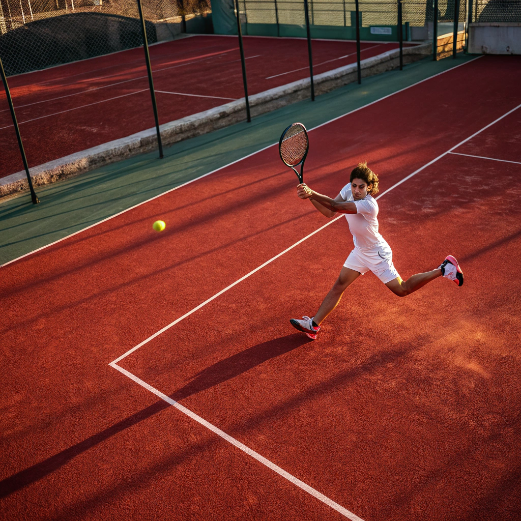 Giocatore di tennis in azione durante un dritto su campo in terra rossa a Modena
