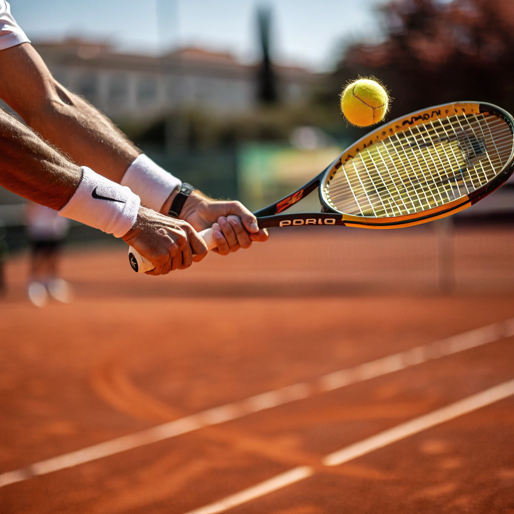 Close-up di racchetta da tennis che colpisce la pallina durante un corso a Padova