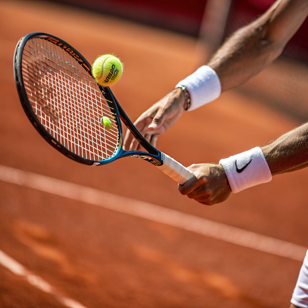 Close-up di racchetta da tennis che colpisce la palla durante un corso a Parma
