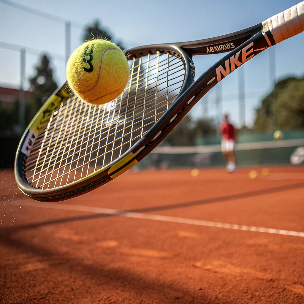 Dettaglio di racchetta da tennis che colpisce la palla durante un corso a Roma