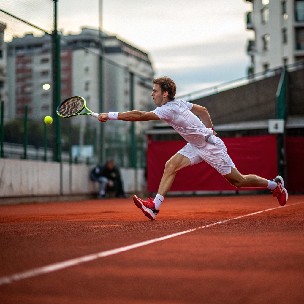Tennista in azione durante un corso di tennis a Verona su campo in terra rossa