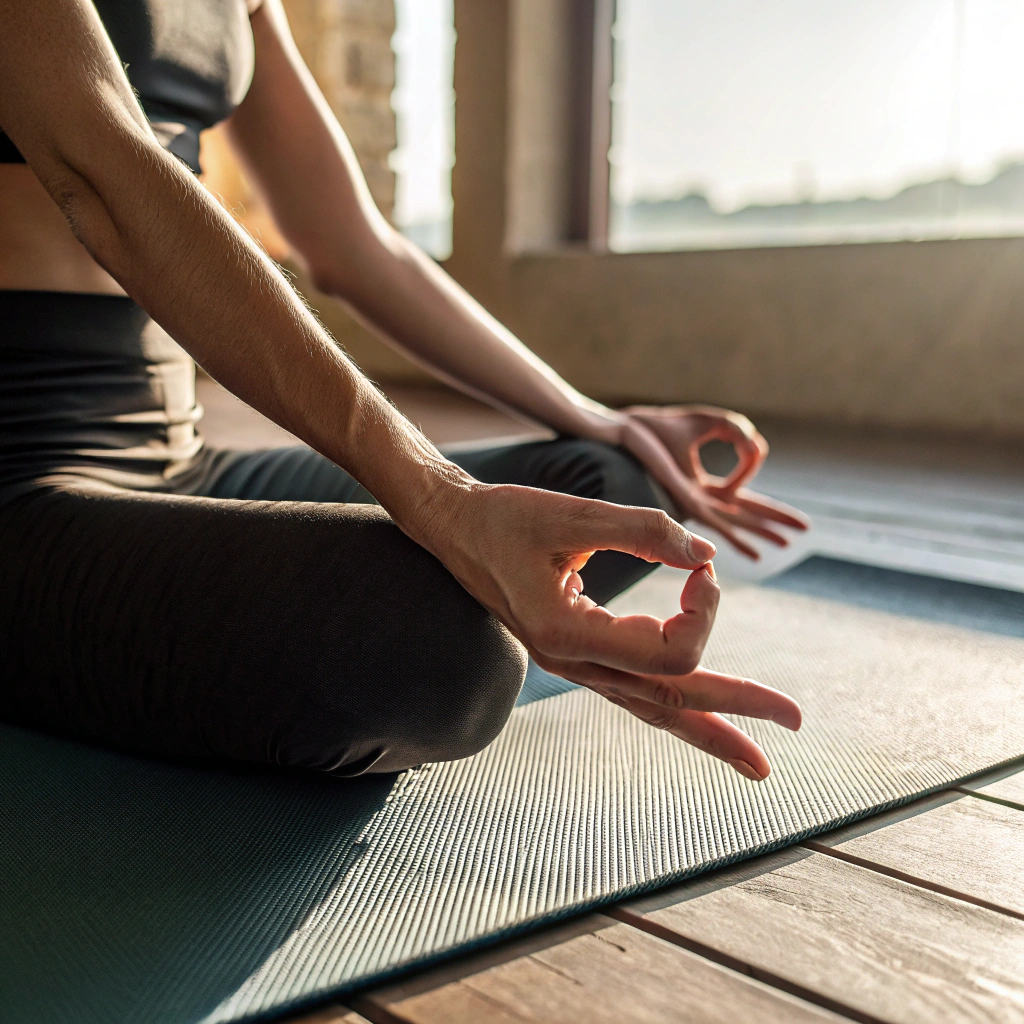 Dettaglio di mani in posizione yoga durante un corso a Brescia