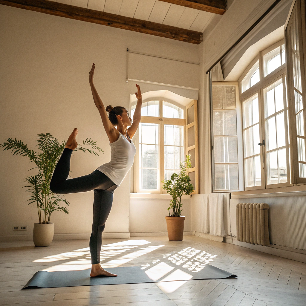 Praticante di yoga in posizione di equilibrio durante un corso a Cesena