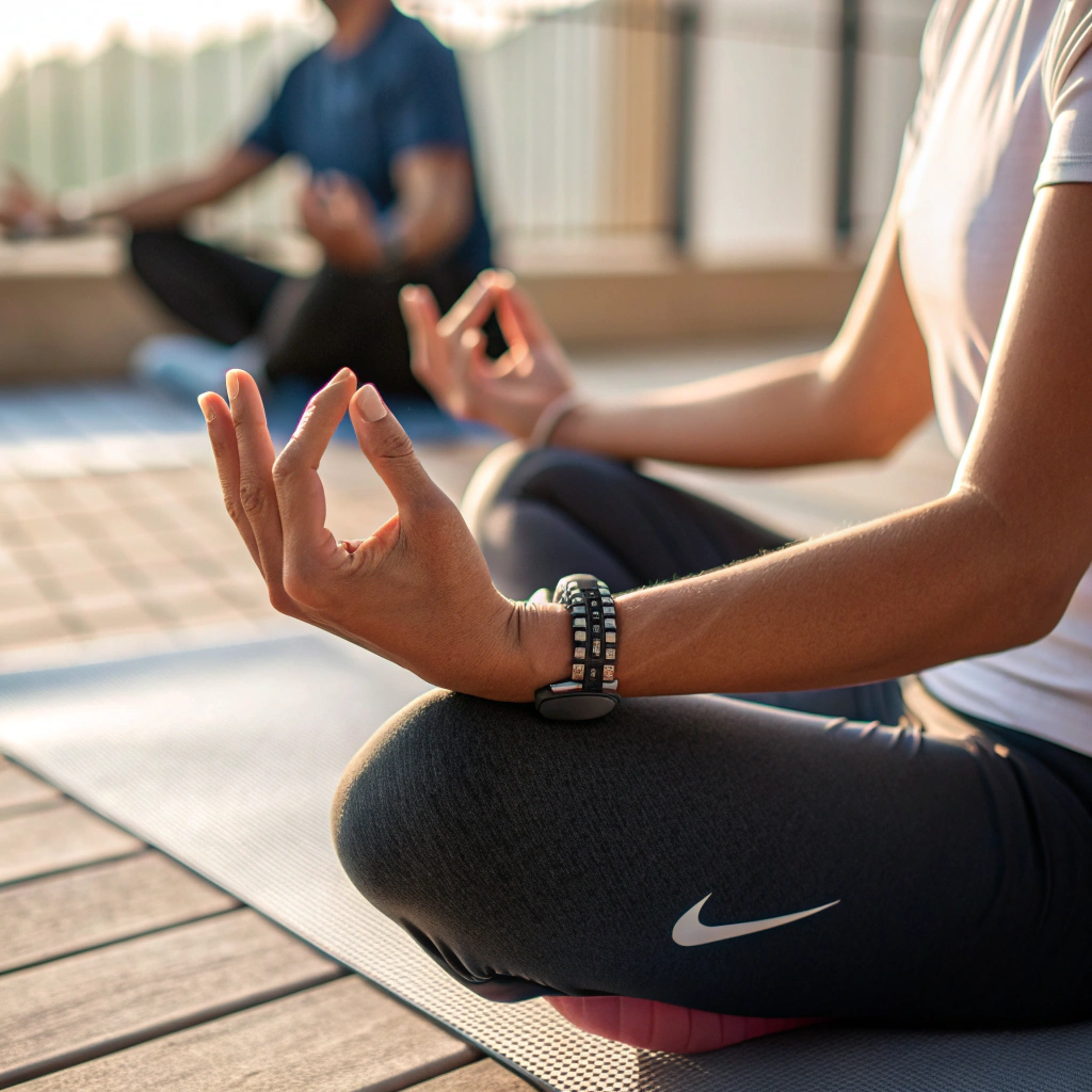 Dettaglio mani in posizione yoga durante pratica a Genova