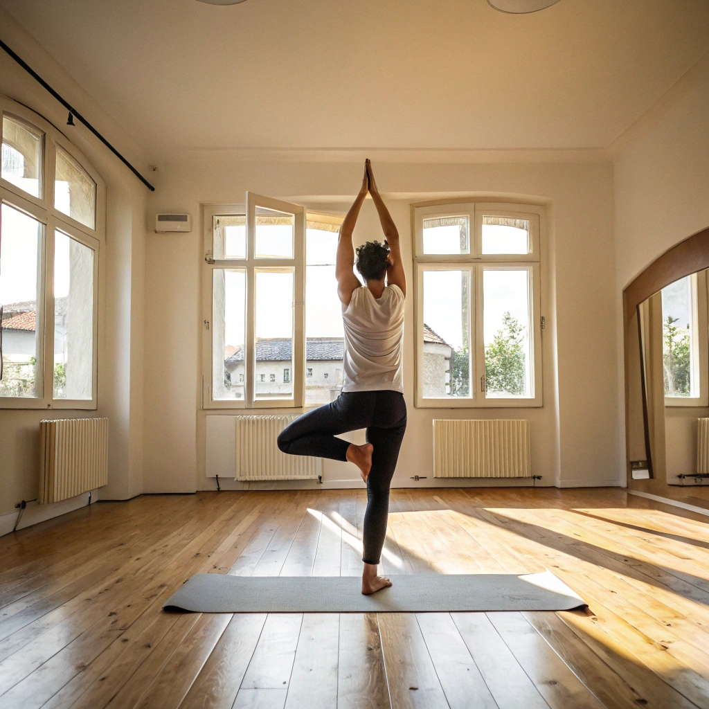 Persona che pratica yoga in una sala luminosa a Lecce