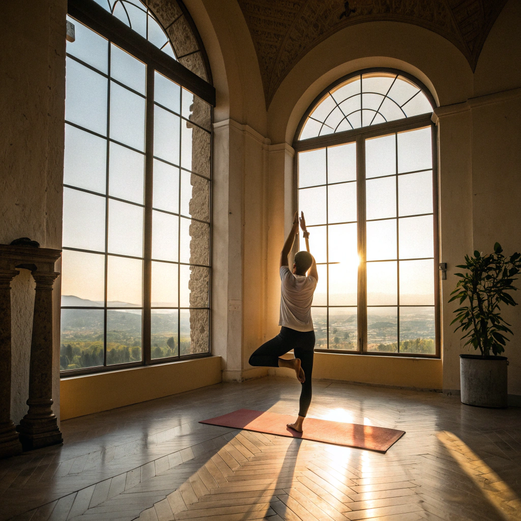Persona che pratica yoga in una sala luminosa a Lucca