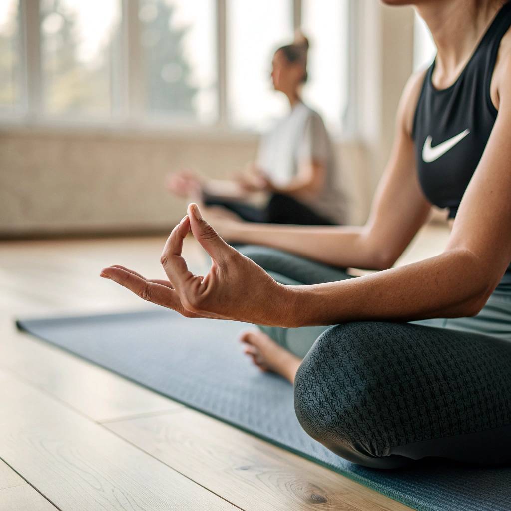 Dettaglio di mani in posizione yoga durante pratica a Pavia
