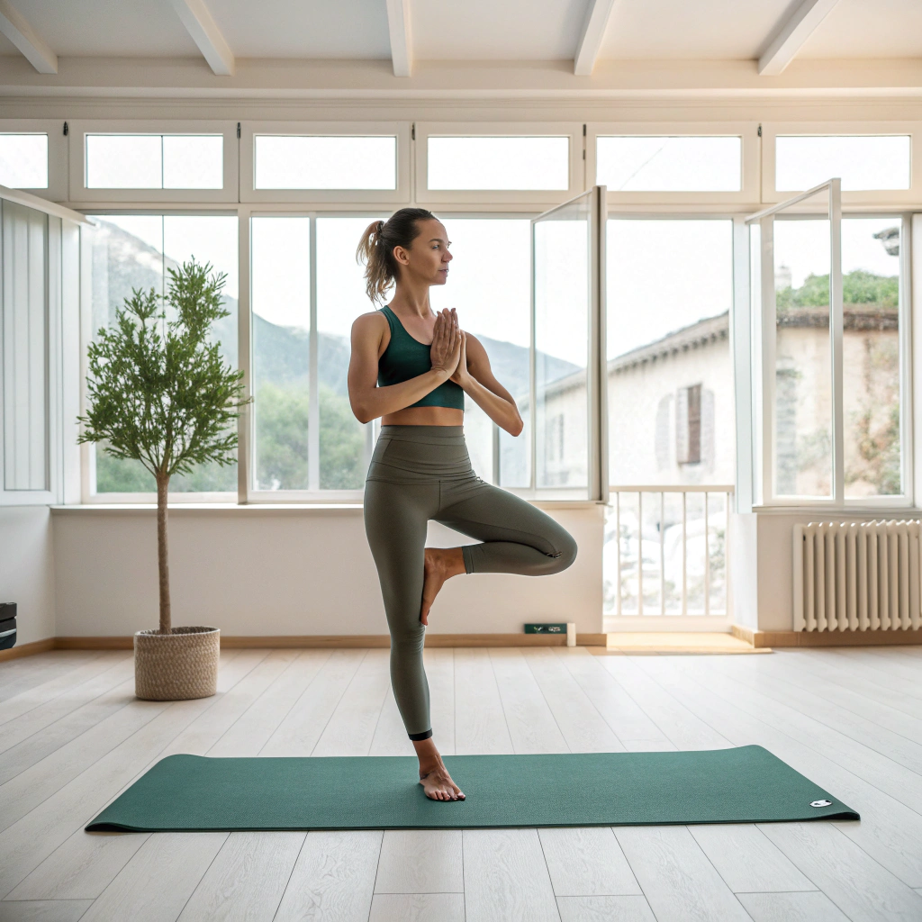 Praticante di yoga in posizione di equilibrio durante un corso a Piacenza