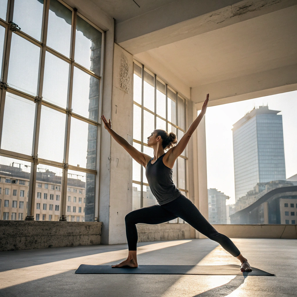 Praticante yoga in posizione di equilibrio durante un corso a Pisa