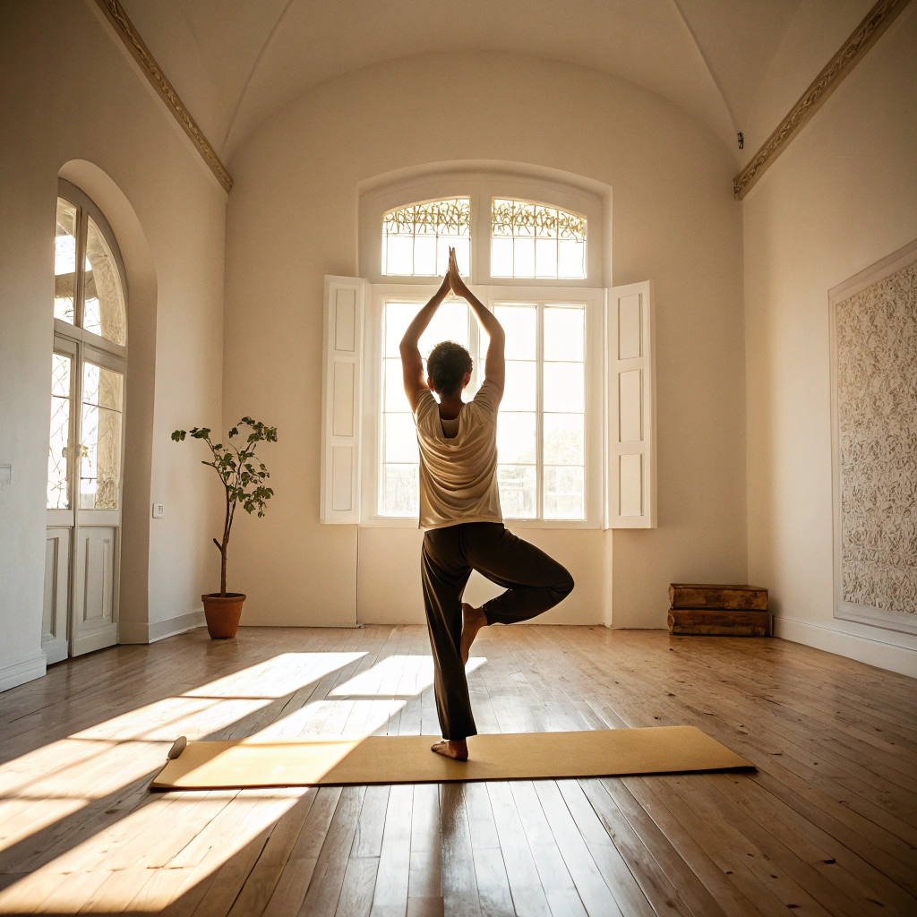 Persona che pratica yoga in una sala luminosa a Rimini