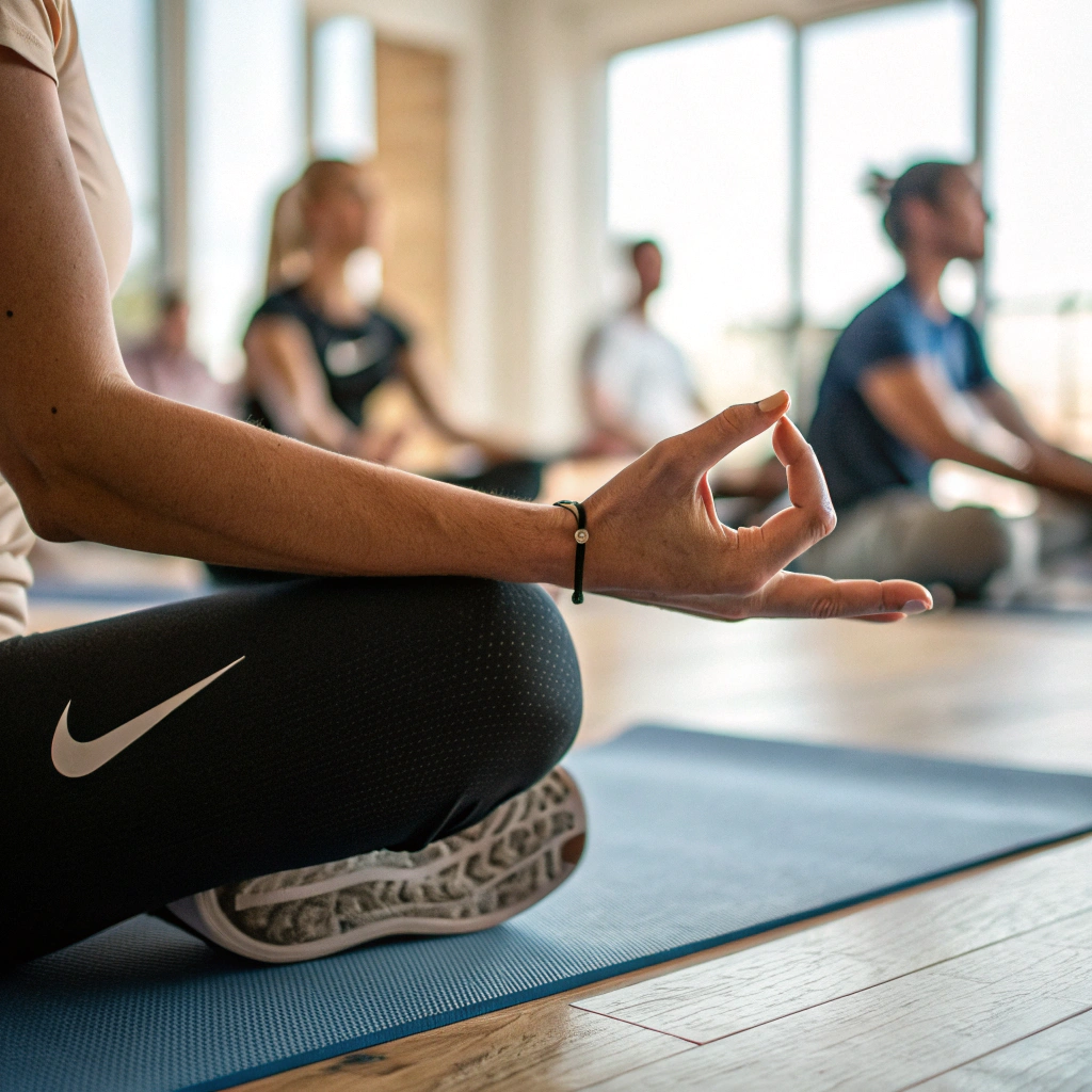 Dettaglio di mani in posizione yoga durante una pratica di concentrazione