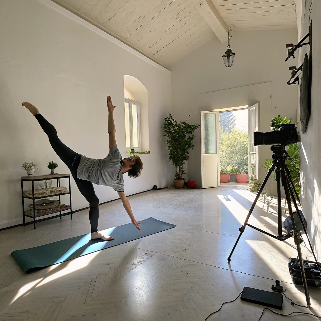 Persona che pratica yoga in equilibrio su tappetino in sala luminosa a Taranto
