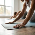 Dettaglio mani in posizione yoga durante pratica su tappetino a Torino