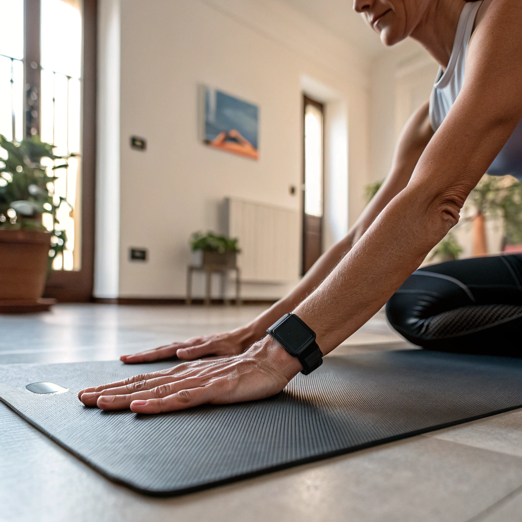 Dettaglio mani durante posizione yoga su tappetino in corso a Verona