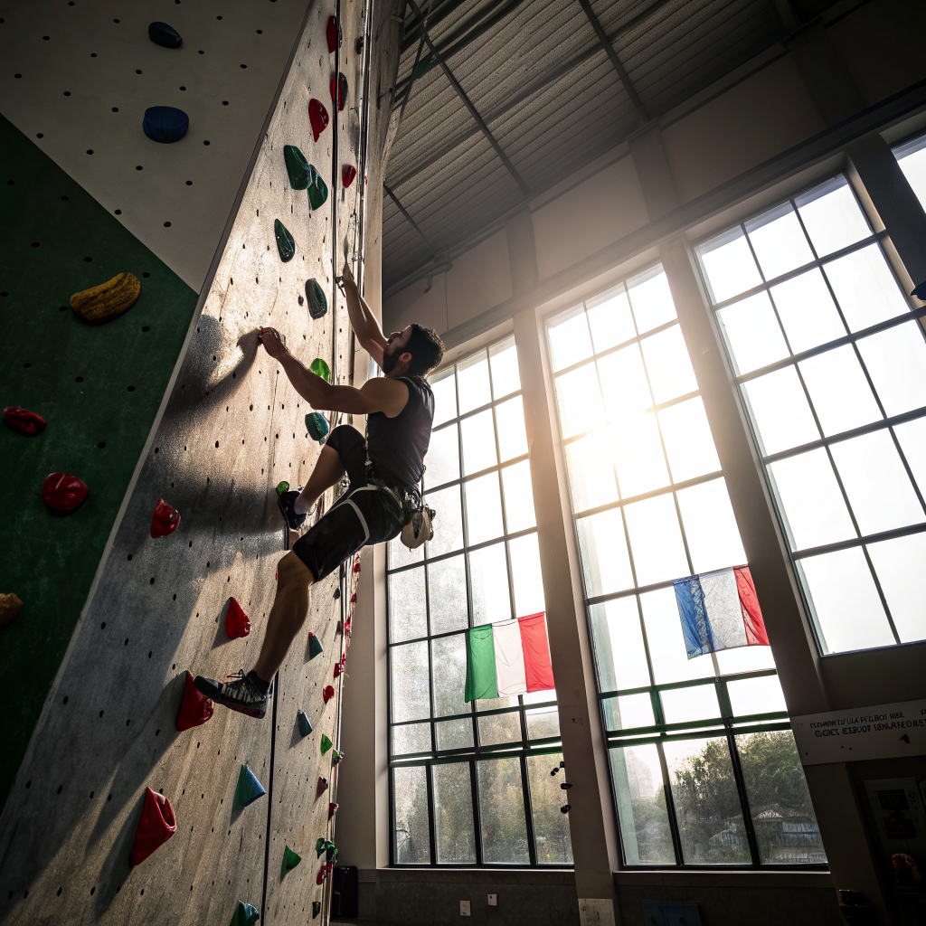 Arrampicatore su parete indoor durante corso di arrampicata a Bergamo