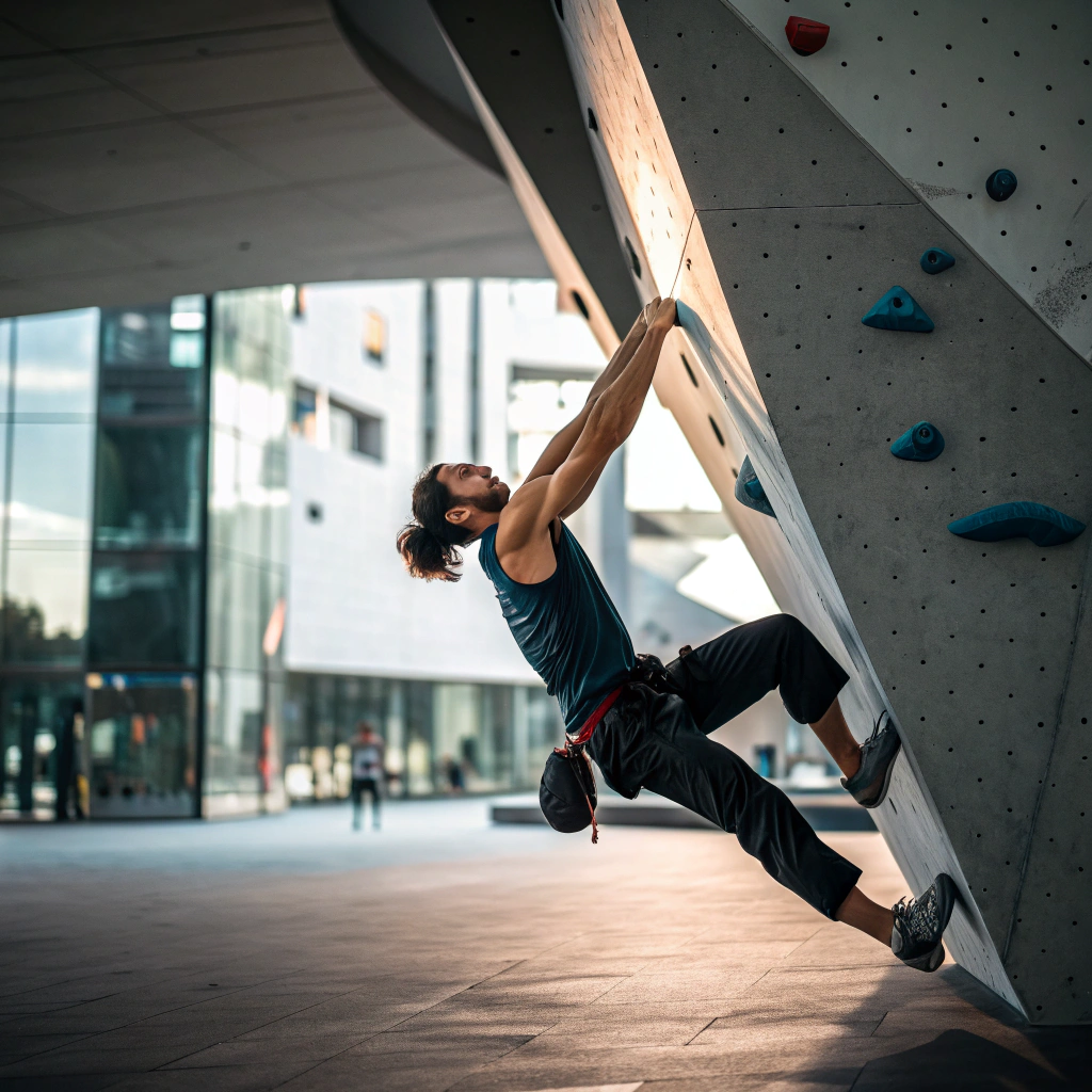 Arrampicatore in azione su parete indoor a Bologna durante corso di arrampicata sportiva