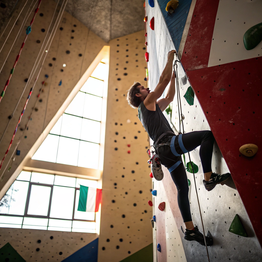 Climber su parete di arrampicata indoor a Brescia durante un corso per principianti