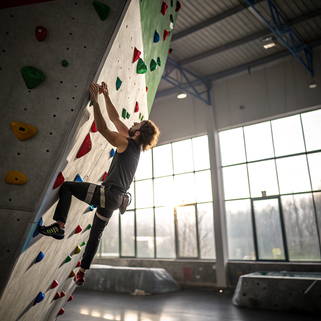 Arrampicatore su parete indoor durante corso di arrampicata a Genova