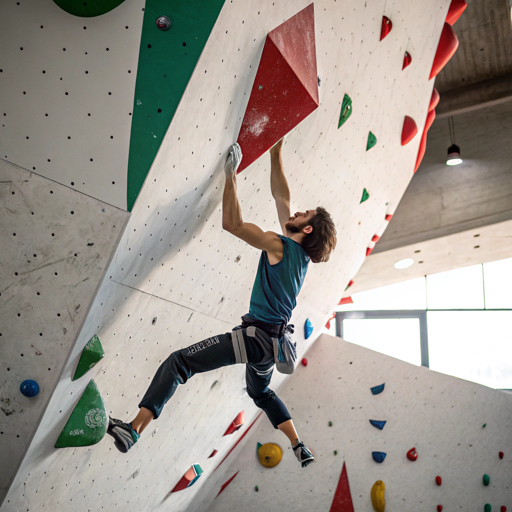 Arrampicatore su parete indoor durante corso di arrampicata a Modena