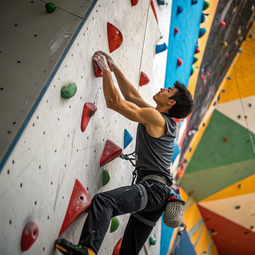 Climber che pratica arrampicata sportiva su parete indoor a Napoli