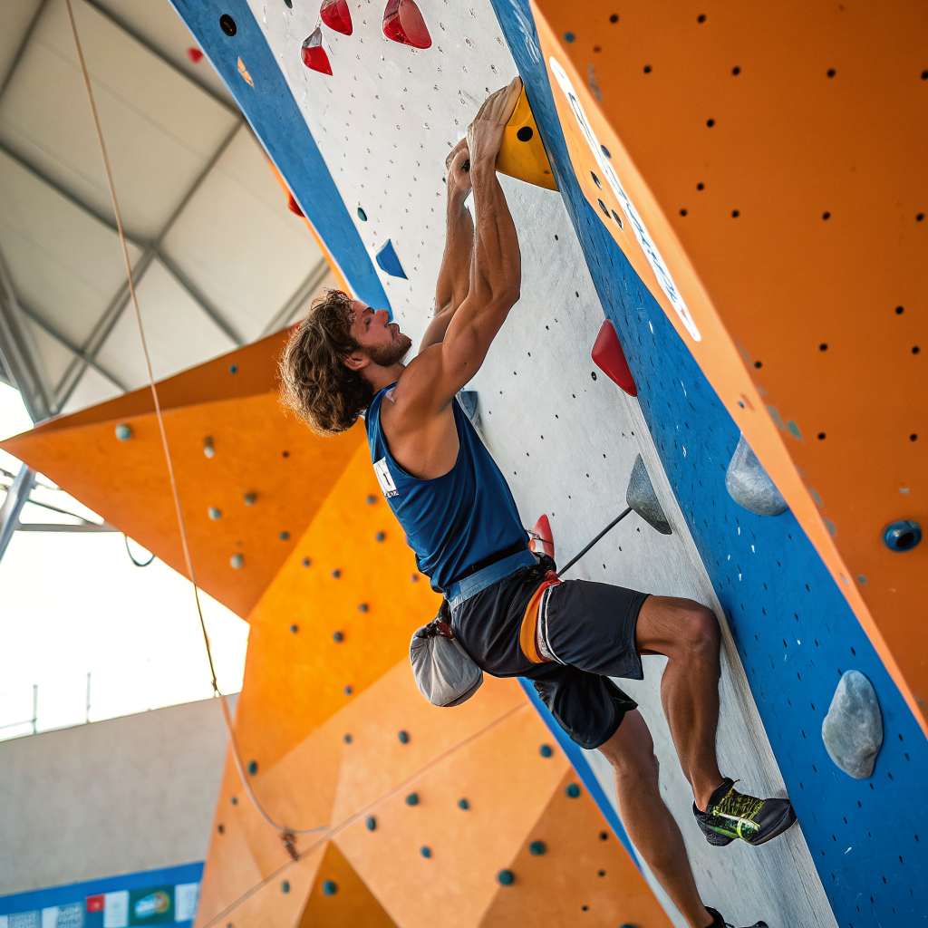 Climber durante arrampicata indoor su parete con prese colorate a Ravenna