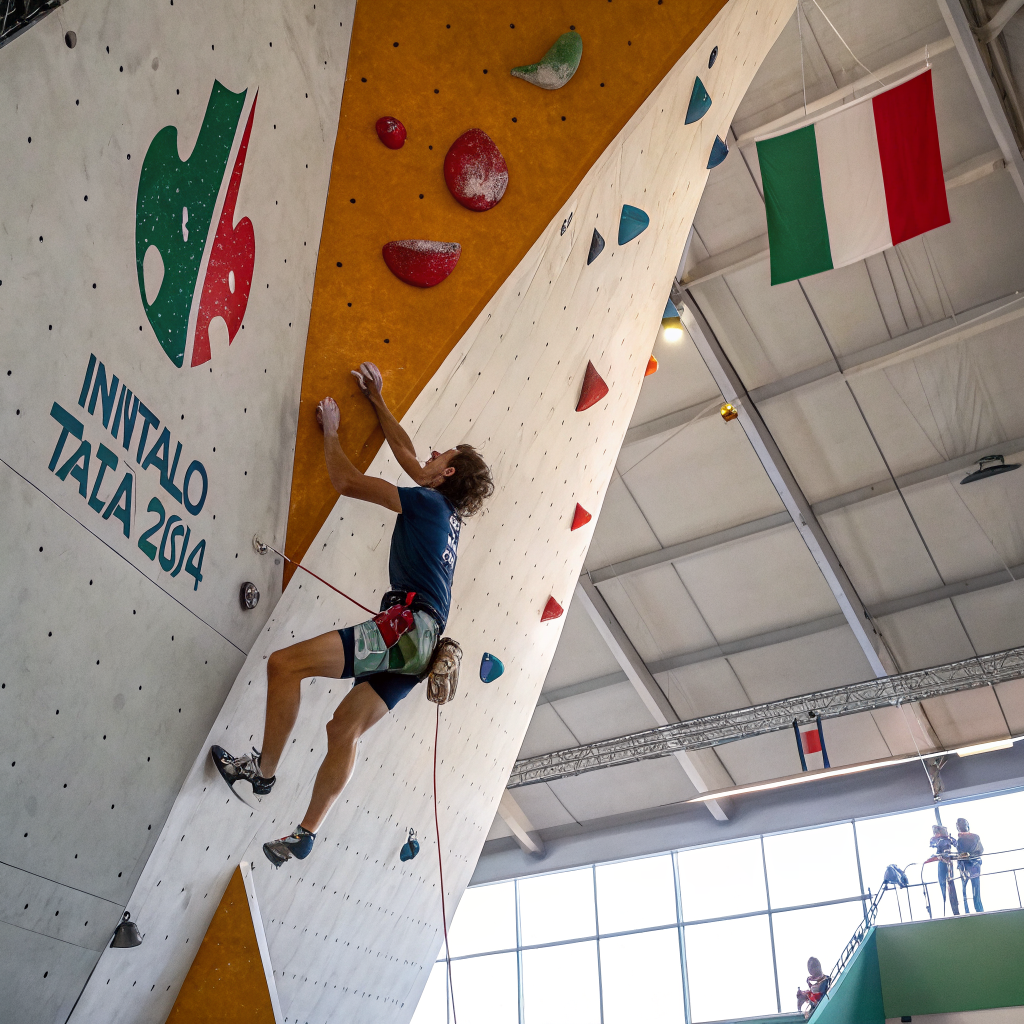 Climber durante sessione di arrampicata indoor su parete artificiale a Siena