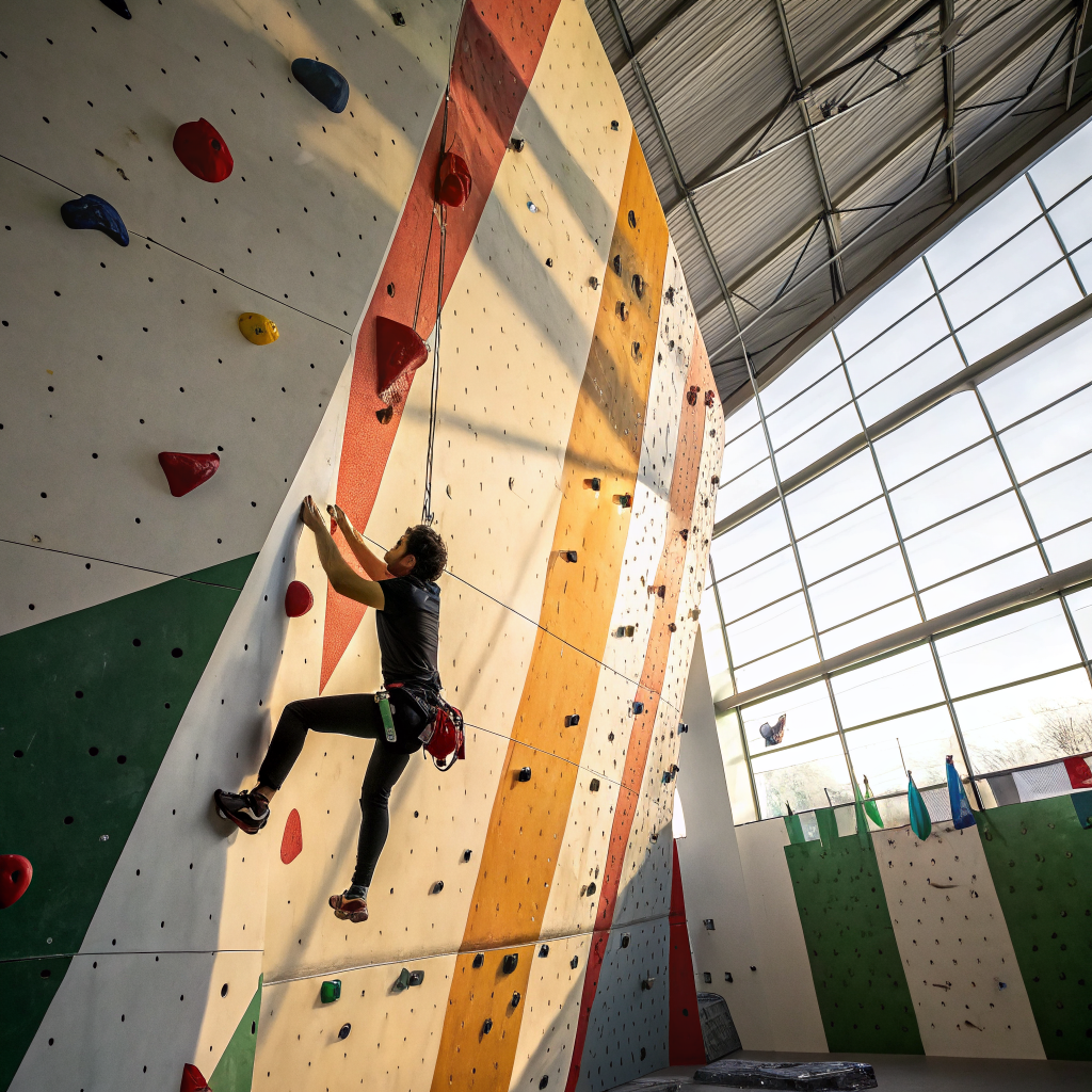 Climber pratica arrampicata su parete indoor durante corso a Verona